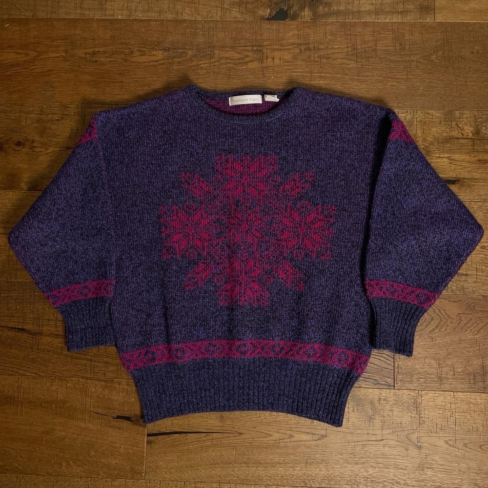 Northern Isles Womens Purple Pink Snowflake Shetland Wool Knit Sweater Large